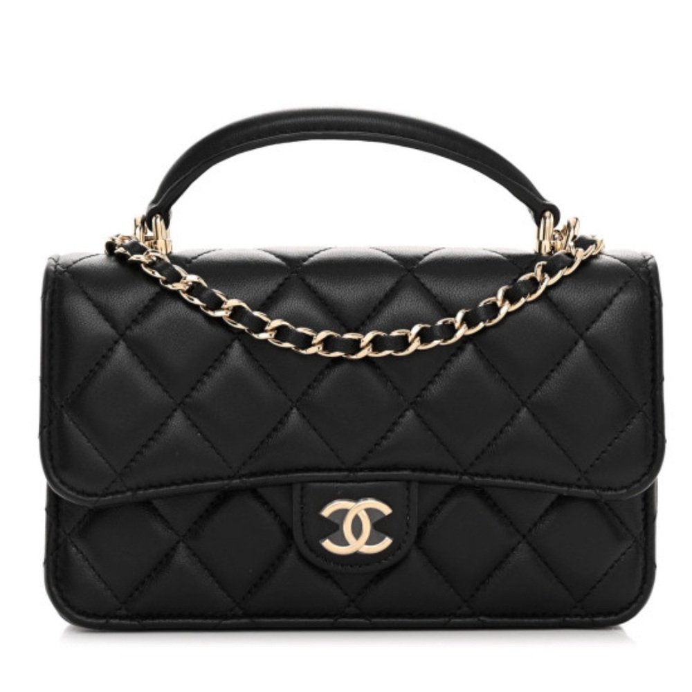 CHANEL Lambskin Quilted Flap Phone Holder with Chain